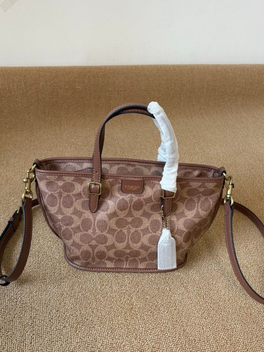 🤎Coach Khaki Signature Mini Tote Adjustable Handle Detachable Crossbody Bag